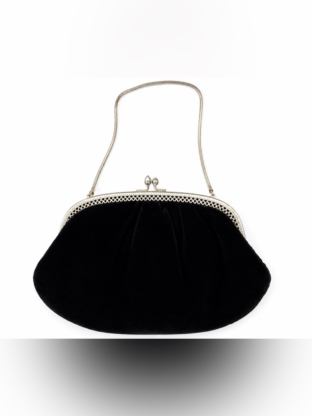 Vintage Black Velvet Evening Clutch Bag W/Silver Kiss-Lock Frame & Chain Starp